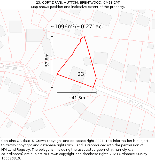 23, CORY DRIVE, HUTTON, BRENTWOOD, CM13 2PT: Plot and title map