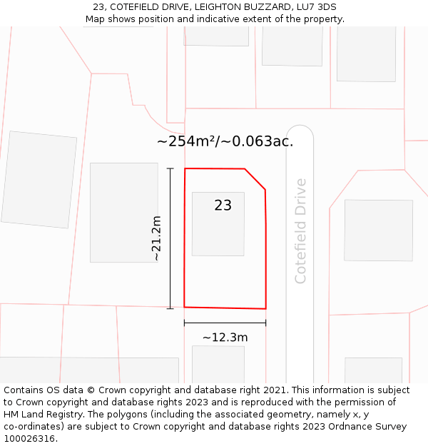 23, COTEFIELD DRIVE, LEIGHTON BUZZARD, LU7 3DS: Plot and title map