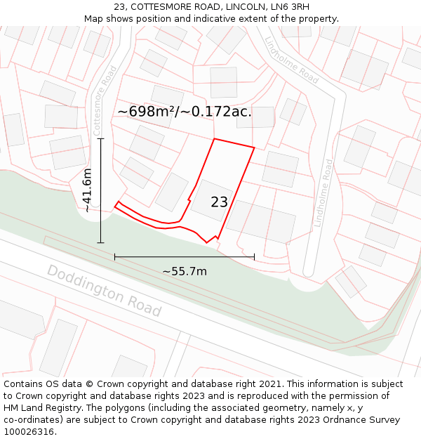 23, COTTESMORE ROAD, LINCOLN, LN6 3RH: Plot and title map