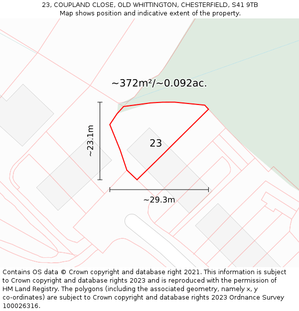 23, COUPLAND CLOSE, OLD WHITTINGTON, CHESTERFIELD, S41 9TB: Plot and title map