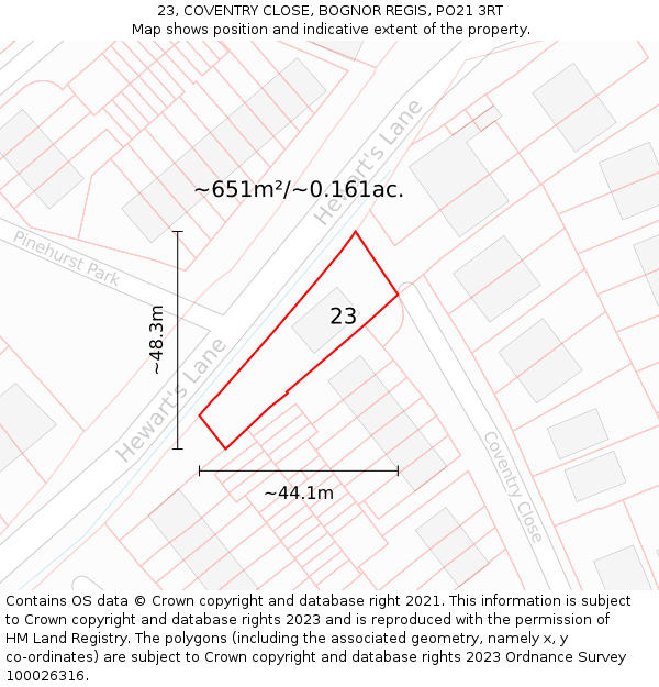 23, COVENTRY CLOSE, BOGNOR REGIS, PO21 3RT: Plot and title map