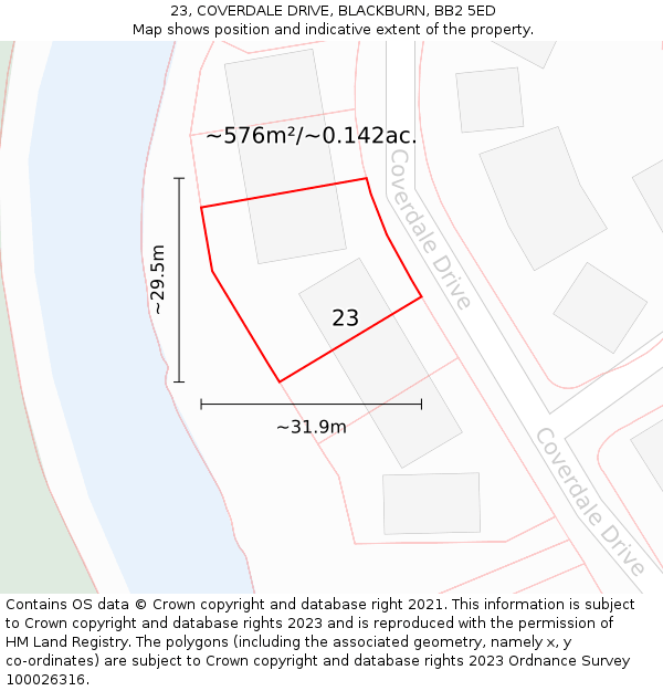 23, COVERDALE DRIVE, BLACKBURN, BB2 5ED: Plot and title map