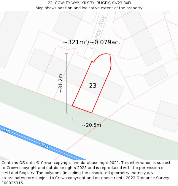 23, COWLEY WAY, KILSBY, RUGBY, CV23 8XB: Plot and title map