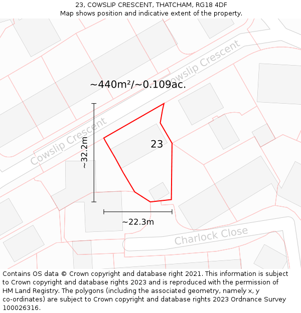 23, COWSLIP CRESCENT, THATCHAM, RG18 4DF: Plot and title map