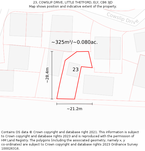 23, COWSLIP DRIVE, LITTLE THETFORD, ELY, CB6 3JD: Plot and title map
