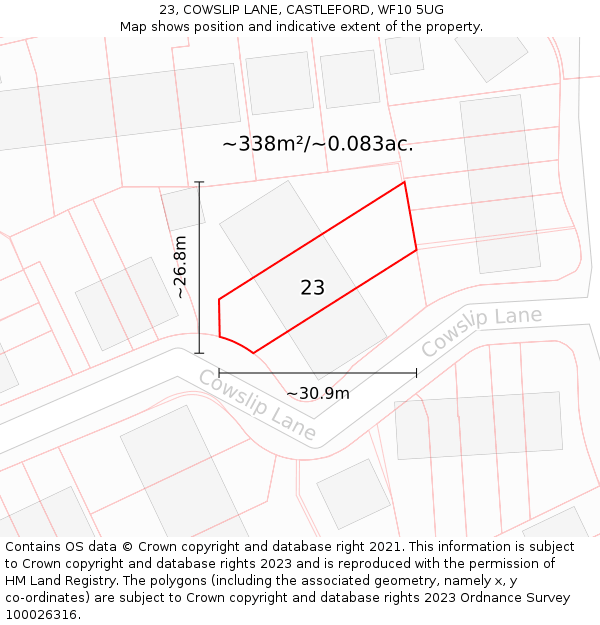 23, COWSLIP LANE, CASTLEFORD, WF10 5UG: Plot and title map