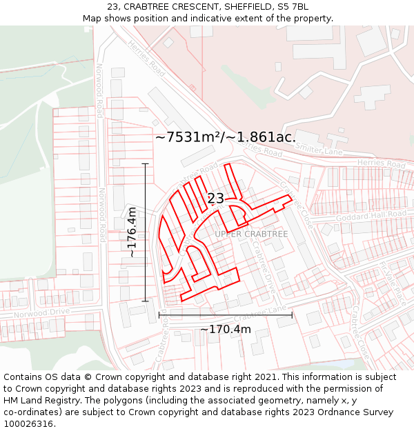 23, CRABTREE CRESCENT, SHEFFIELD, S5 7BL: Plot and title map