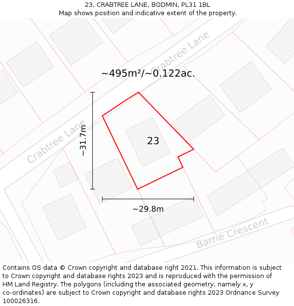 23, CRABTREE LANE, BODMIN, PL31 1BL: Plot and title map