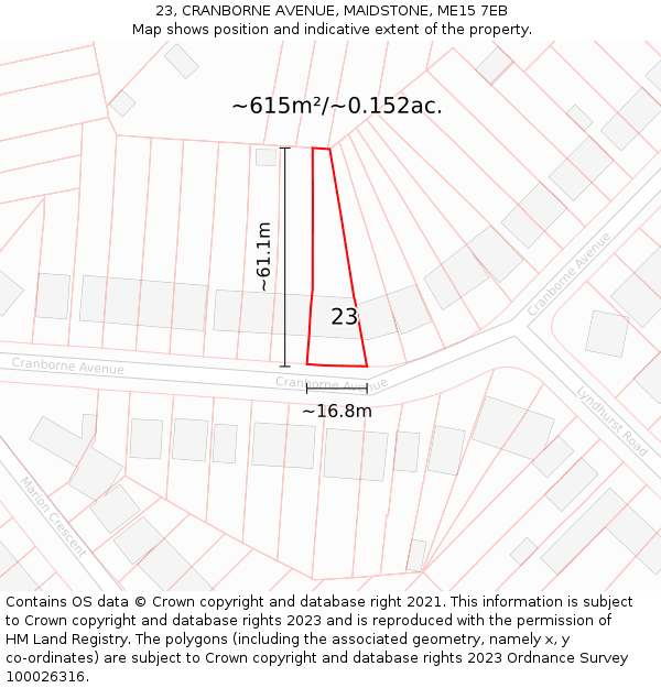 23, CRANBORNE AVENUE, MAIDSTONE, ME15 7EB: Plot and title map