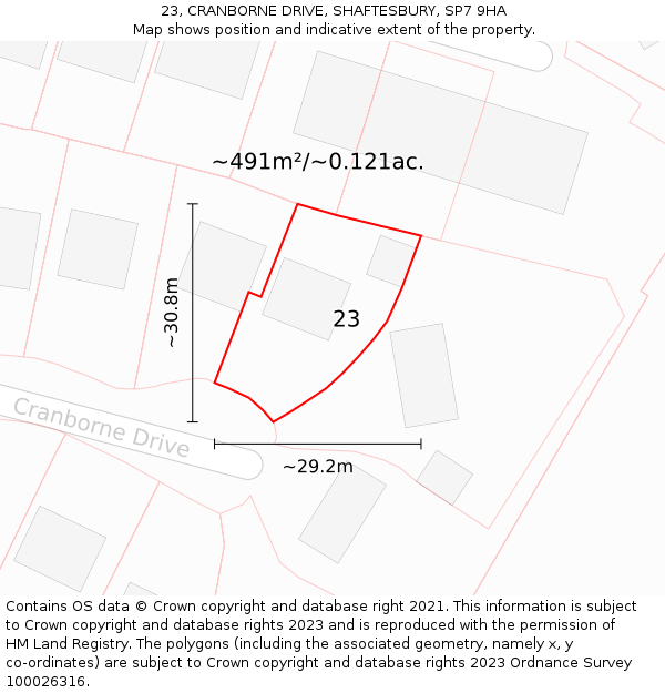 23, CRANBORNE DRIVE, SHAFTESBURY, SP7 9HA: Plot and title map
