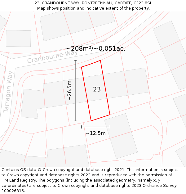 23, CRANBOURNE WAY, PONTPRENNAU, CARDIFF, CF23 8SL: Plot and title map