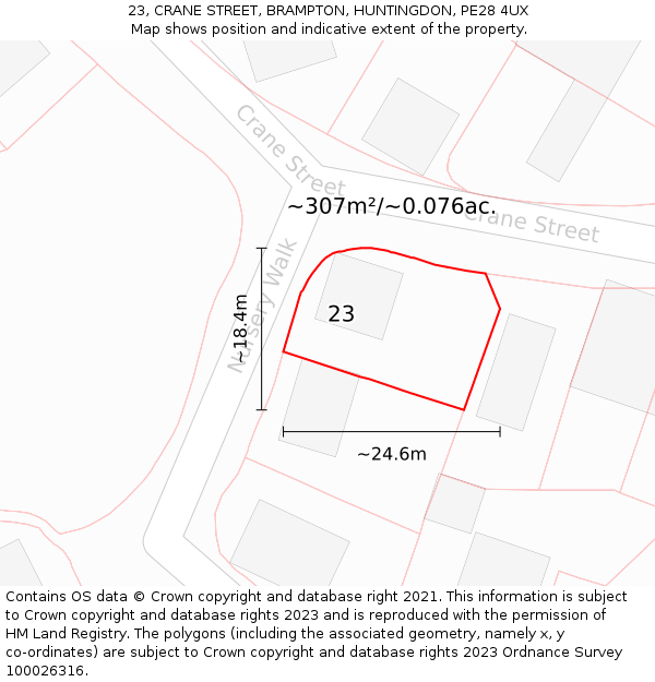 23, CRANE STREET, BRAMPTON, HUNTINGDON, PE28 4UX: Plot and title map