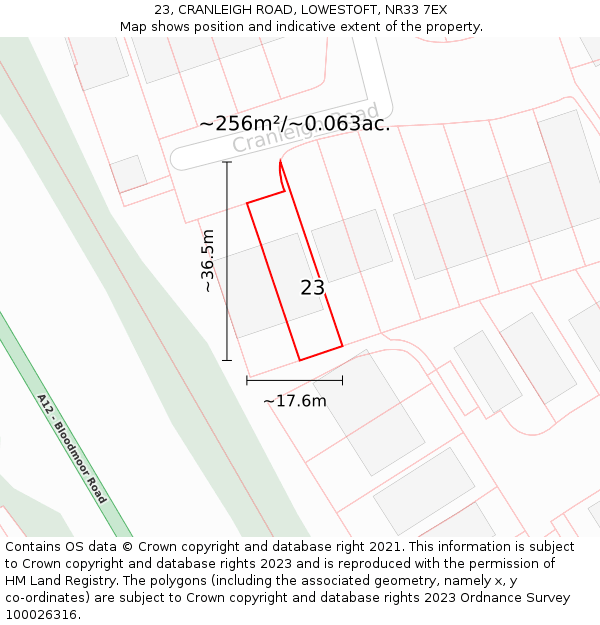 23, CRANLEIGH ROAD, LOWESTOFT, NR33 7EX: Plot and title map