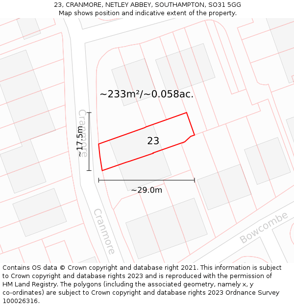 23, CRANMORE, NETLEY ABBEY, SOUTHAMPTON, SO31 5GG: Plot and title map