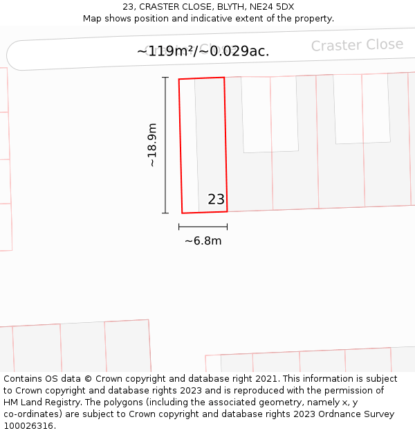 23, CRASTER CLOSE, BLYTH, NE24 5DX: Plot and title map