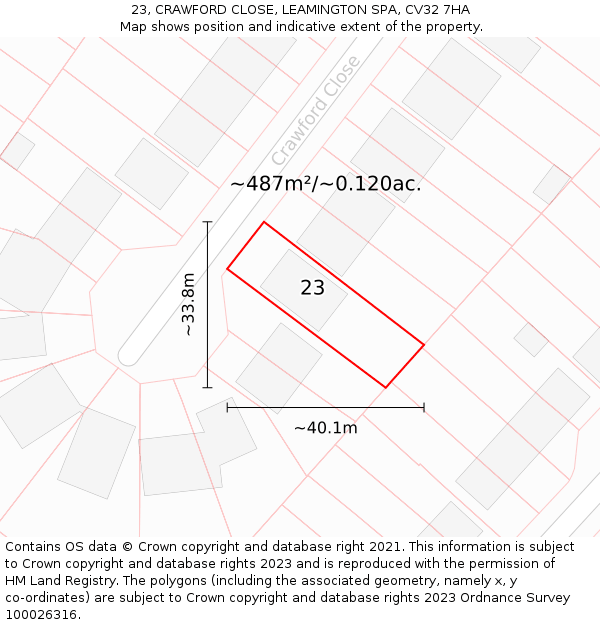 23, CRAWFORD CLOSE, LEAMINGTON SPA, CV32 7HA: Plot and title map