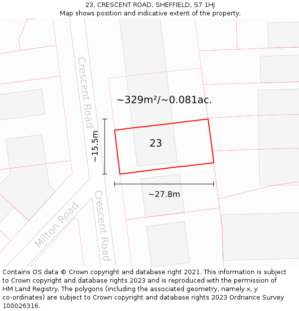 23, CRESCENT ROAD, SHEFFIELD, S7 1HJ: Plot and title map