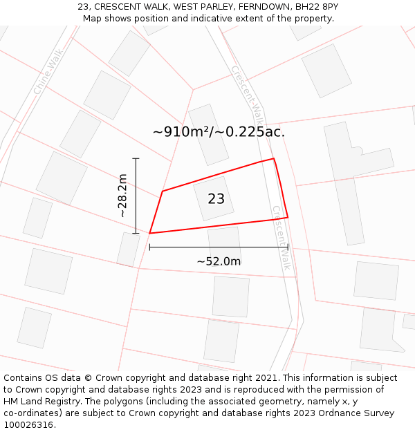 23, CRESCENT WALK, WEST PARLEY, FERNDOWN, BH22 8PY: Plot and title map