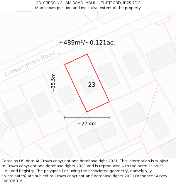 23, CRESSINGHAM ROAD, ASHILL, THETFORD, IP25 7DG: Plot and title map