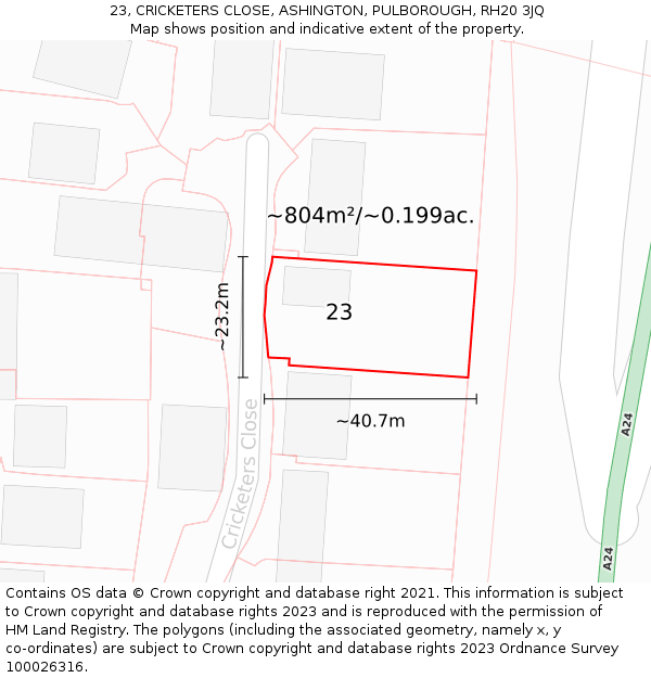 23, CRICKETERS CLOSE, ASHINGTON, PULBOROUGH, RH20 3JQ: Plot and title map