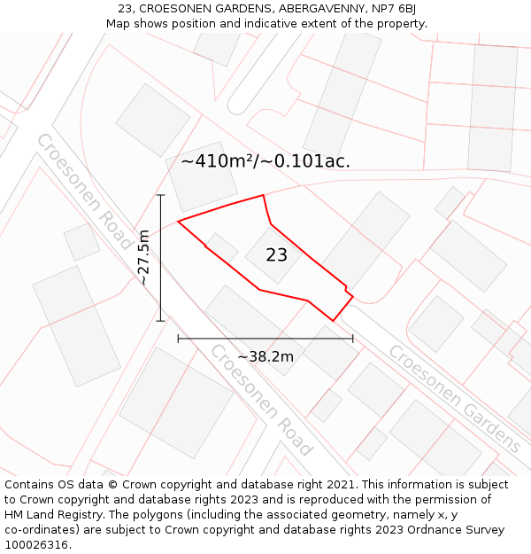 23, CROESONEN GARDENS, ABERGAVENNY, NP7 6BJ: Plot and title map