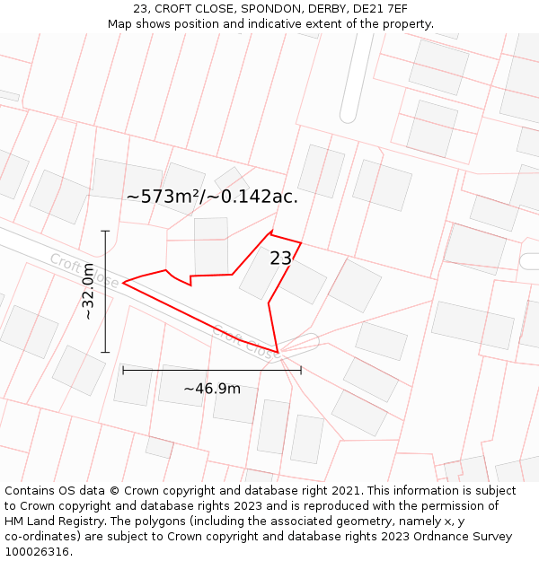 23, CROFT CLOSE, SPONDON, DERBY, DE21 7EF: Plot and title map