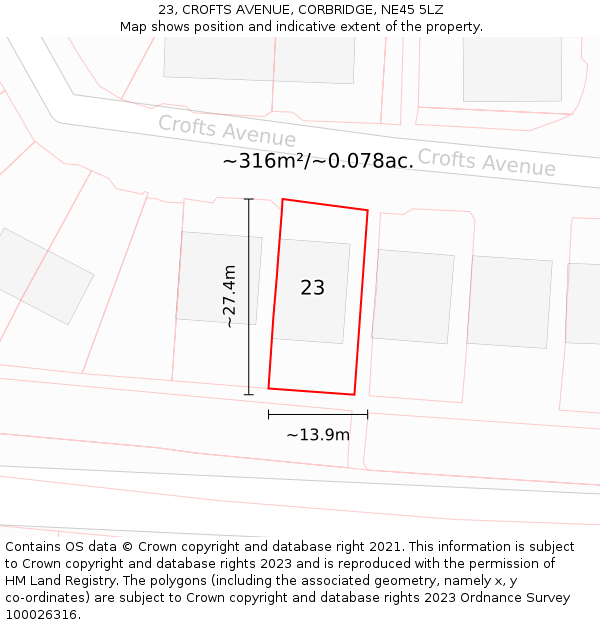 23, CROFTS AVENUE, CORBRIDGE, NE45 5LZ: Plot and title map