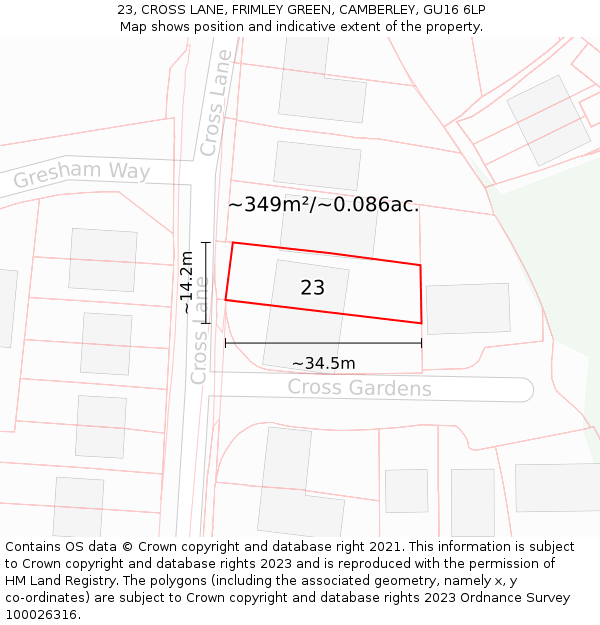 23, CROSS LANE, FRIMLEY GREEN, CAMBERLEY, GU16 6LP: Plot and title map