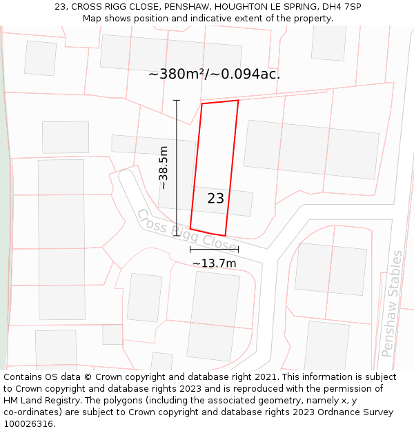23, CROSS RIGG CLOSE, PENSHAW, HOUGHTON LE SPRING, DH4 7SP: Plot and title map