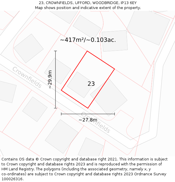 23, CROWNFIELDS, UFFORD, WOODBRIDGE, IP13 6EY: Plot and title map