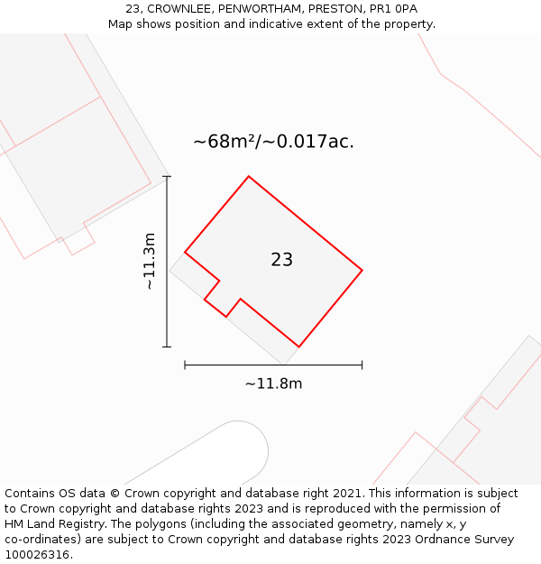 23, CROWNLEE, PENWORTHAM, PRESTON, PR1 0PA: Plot and title map