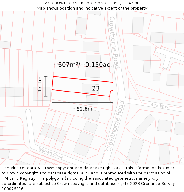 23, CROWTHORNE ROAD, SANDHURST, GU47 9EJ: Plot and title map