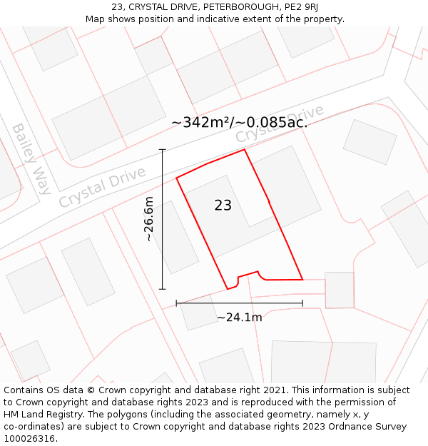23, CRYSTAL DRIVE, PETERBOROUGH, PE2 9RJ: Plot and title map