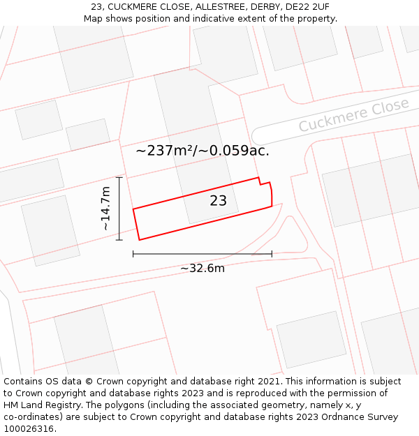 23, CUCKMERE CLOSE, ALLESTREE, DERBY, DE22 2UF: Plot and title map