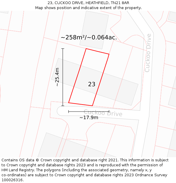 23, CUCKOO DRIVE, HEATHFIELD, TN21 8AR: Plot and title map