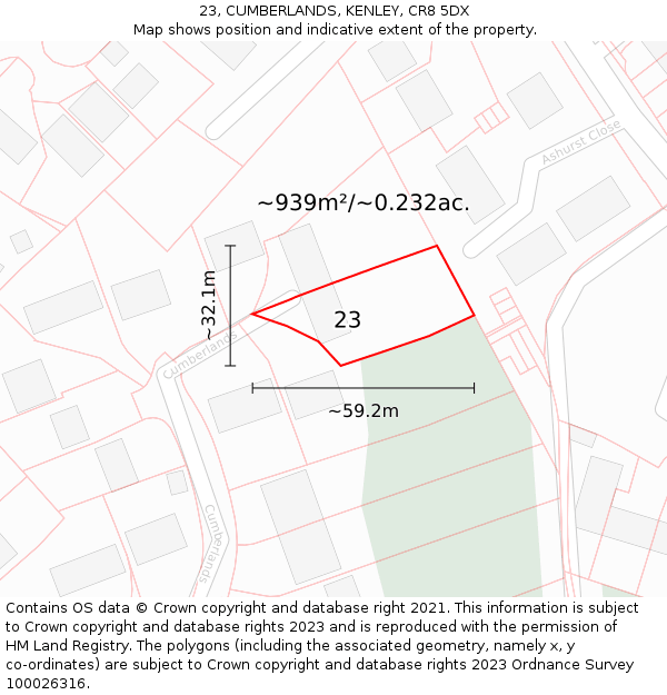 23, CUMBERLANDS, KENLEY, CR8 5DX: Plot and title map