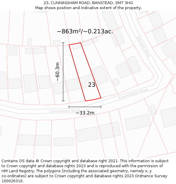 23, CUNNINGHAM ROAD, BANSTEAD, SM7 3HG: Plot and title map