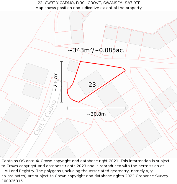 23, CWRT Y CADNO, BIRCHGROVE, SWANSEA, SA7 9TF: Plot and title map