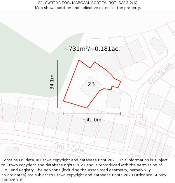 23, CWRT YR EOS, MARGAM, PORT TALBOT, SA13 2UQ: Plot and title map