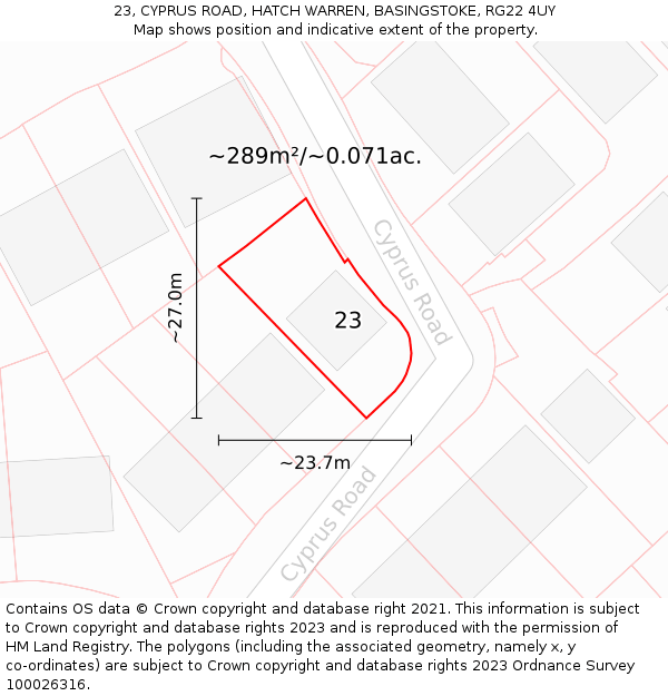23, CYPRUS ROAD, HATCH WARREN, BASINGSTOKE, RG22 4UY: Plot and title map