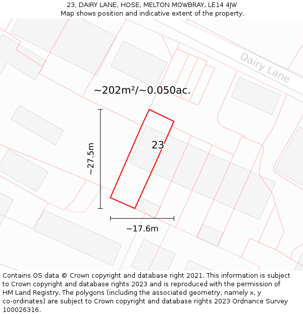 23, DAIRY LANE, HOSE, MELTON MOWBRAY, LE14 4JW: Plot and title map
