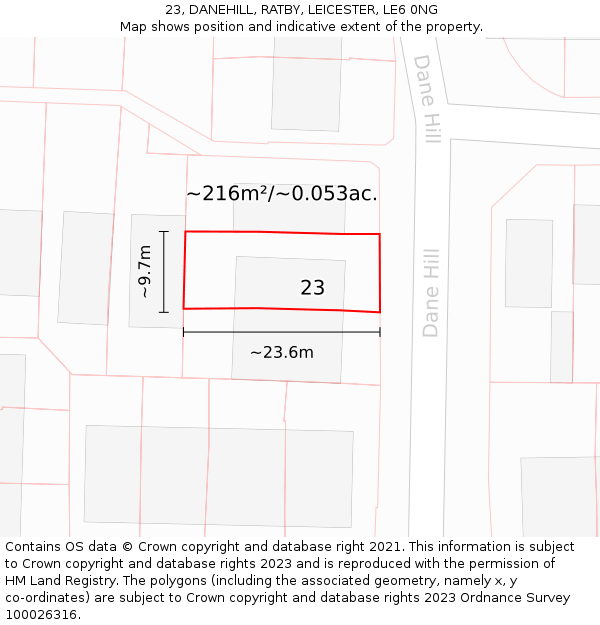 23, DANEHILL, RATBY, LEICESTER, LE6 0NG: Plot and title map