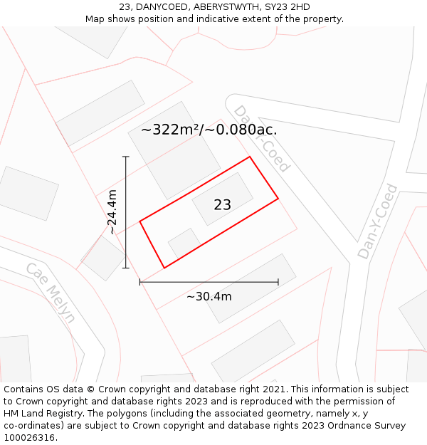 23, DANYCOED, ABERYSTWYTH, SY23 2HD: Plot and title map