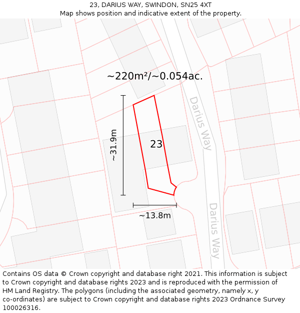 23, DARIUS WAY, SWINDON, SN25 4XT: Plot and title map