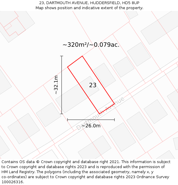 23, DARTMOUTH AVENUE, HUDDERSFIELD, HD5 8UP: Plot and title map
