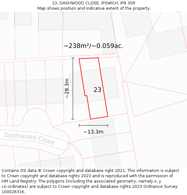 23, DASHWOOD CLOSE, IPSWICH, IP8 3SR: Plot and title map