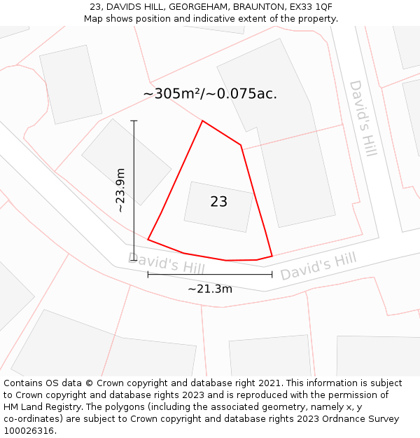 23, DAVIDS HILL, GEORGEHAM, BRAUNTON, EX33 1QF: Plot and title map