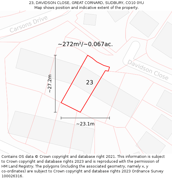 23, DAVIDSON CLOSE, GREAT CORNARD, SUDBURY, CO10 0YU: Plot and title map