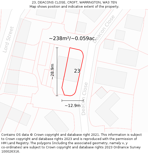 23, DEACONS CLOSE, CROFT, WARRINGTON, WA3 7EN: Plot and title map