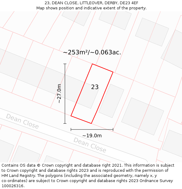 23, DEAN CLOSE, LITTLEOVER, DERBY, DE23 4EF: Plot and title map